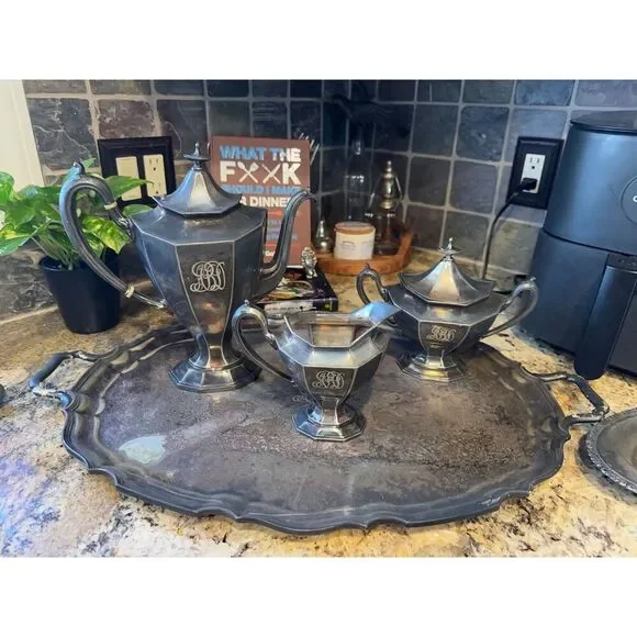 Gorgeous Antique Reed and Barton Art Deco Silver Plated Tea set #3690 with tray - Picture 1 of 16